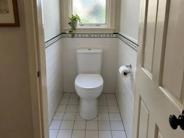 Clean white toilet in a tiled small bathroom with a window and open door in Epping
