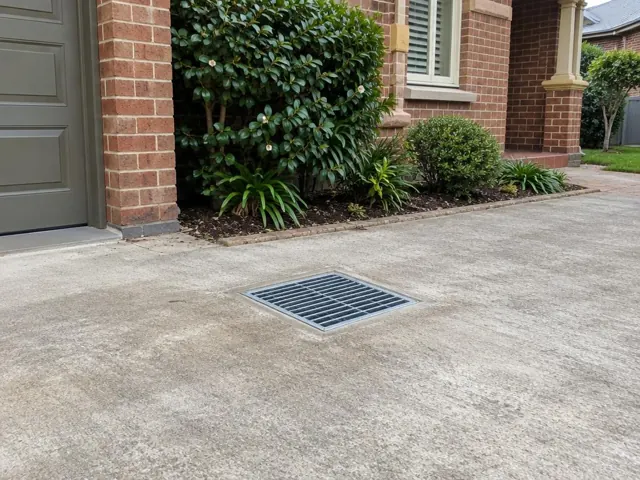 Seated stormwater grate in a concrete driveway beside a brick house in Beecroft